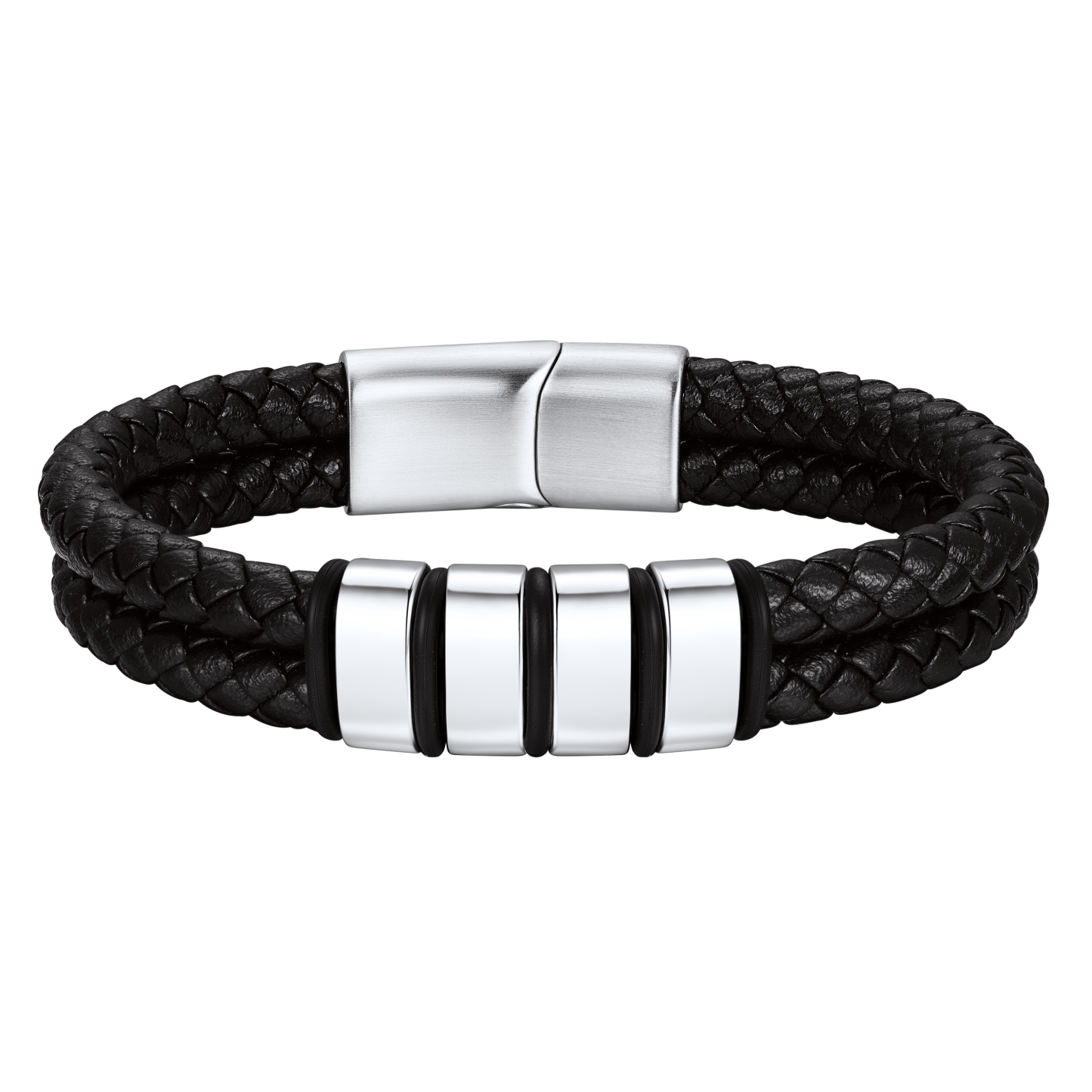 Engraved Stainless Steel Beaded Black Leather Bracelet For Men
