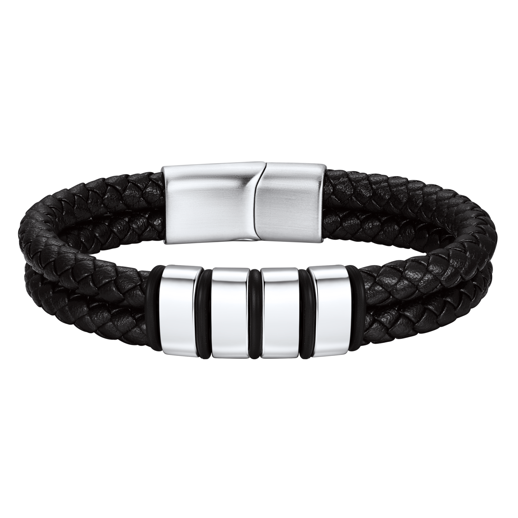 Engraved Stainless Steel Beaded Black Leather Bracelet For Men
