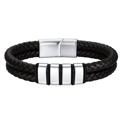 Engraved Stainless Steel Beaded Black Leather Bracelet For Men