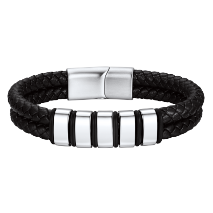 Engraved Stainless Steel Beaded Black Leather Bracelet For Men