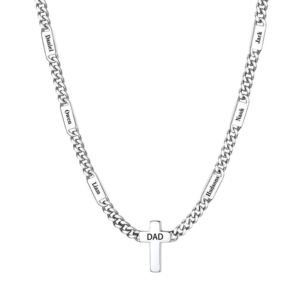 Name Chain Necklace With Cross Pendant Silver - 6 names