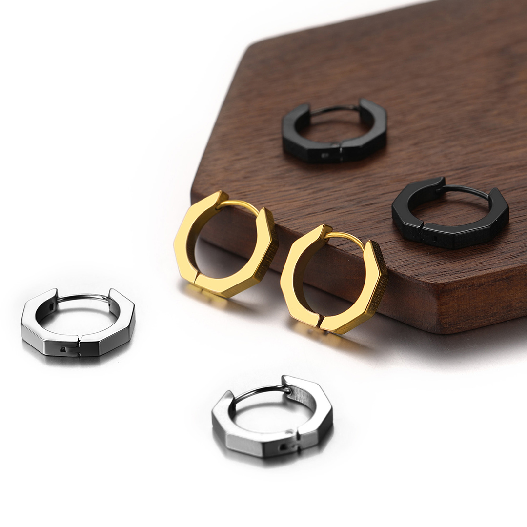 Stud Hoop Earrings Stainless Steel Black Octagon