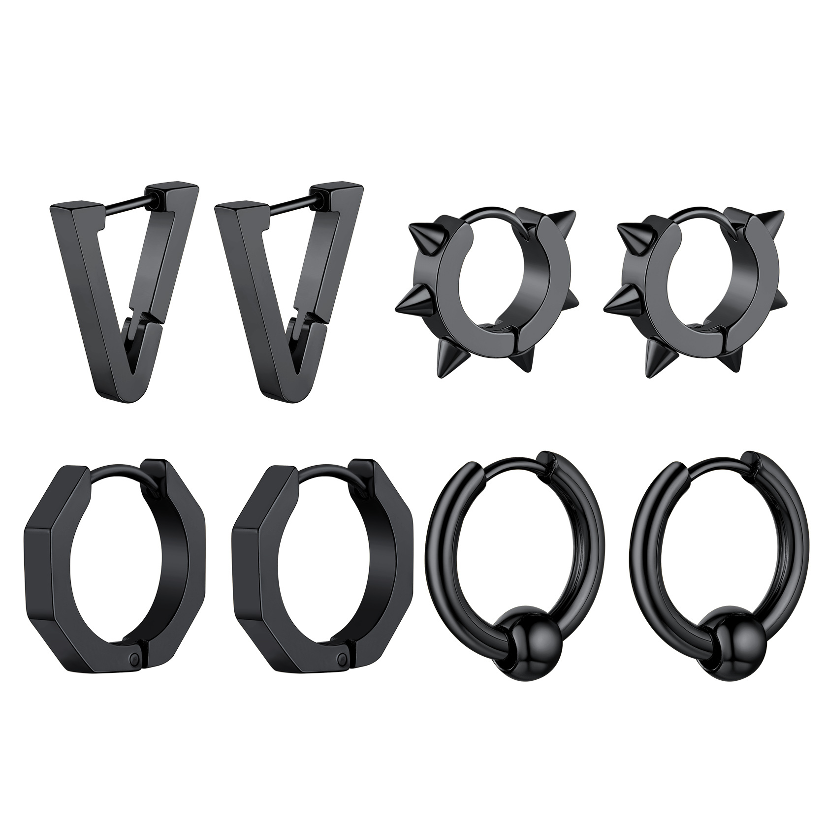 Black Triangle Spike Hoop Earrings Stainless Steel Punk Gothic Set