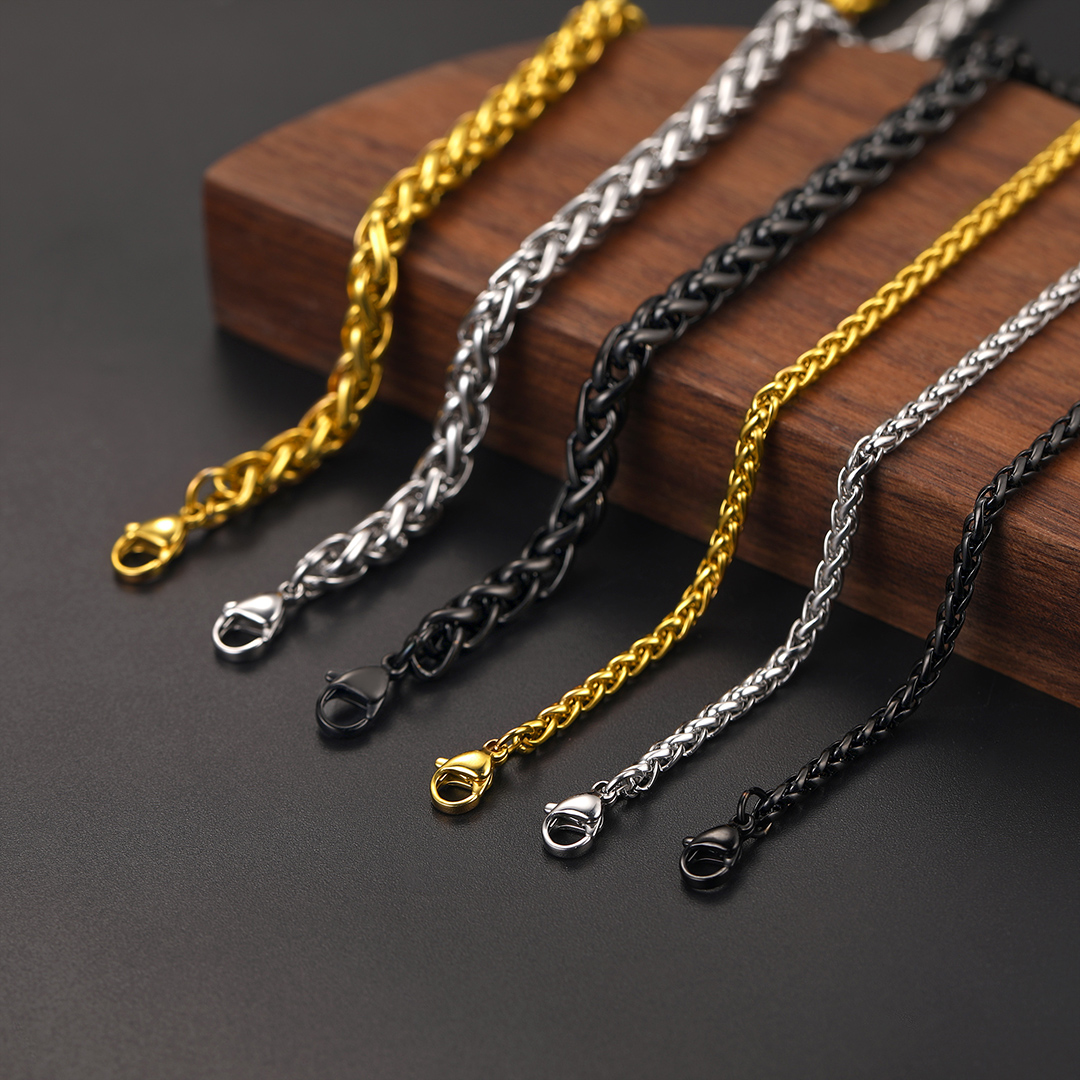 3mm Twisted Spiga Wheat Chain Necklace Steel Gold Black