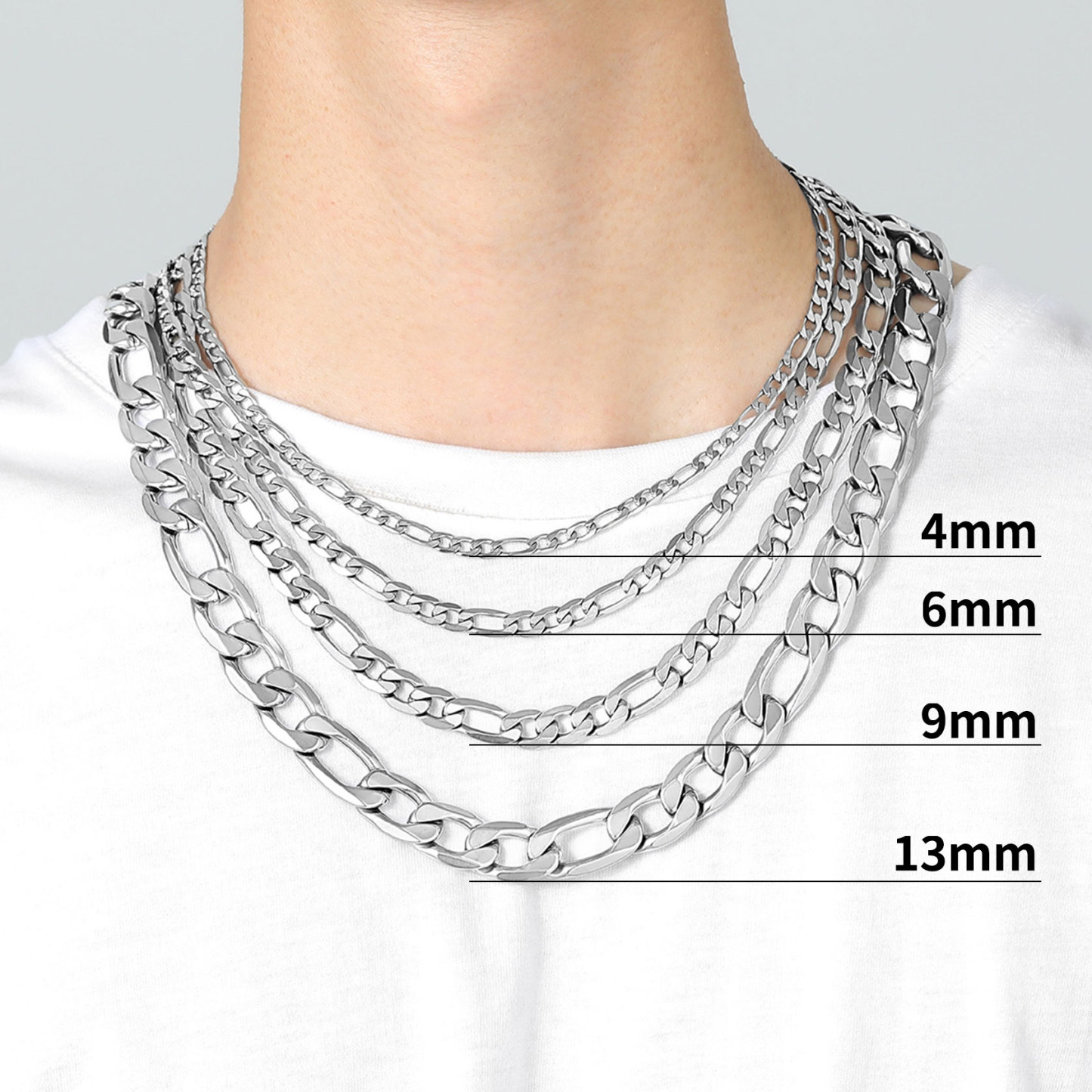 4/6/9/13mm Stainless Steel Figaro Chain Necklaces for men