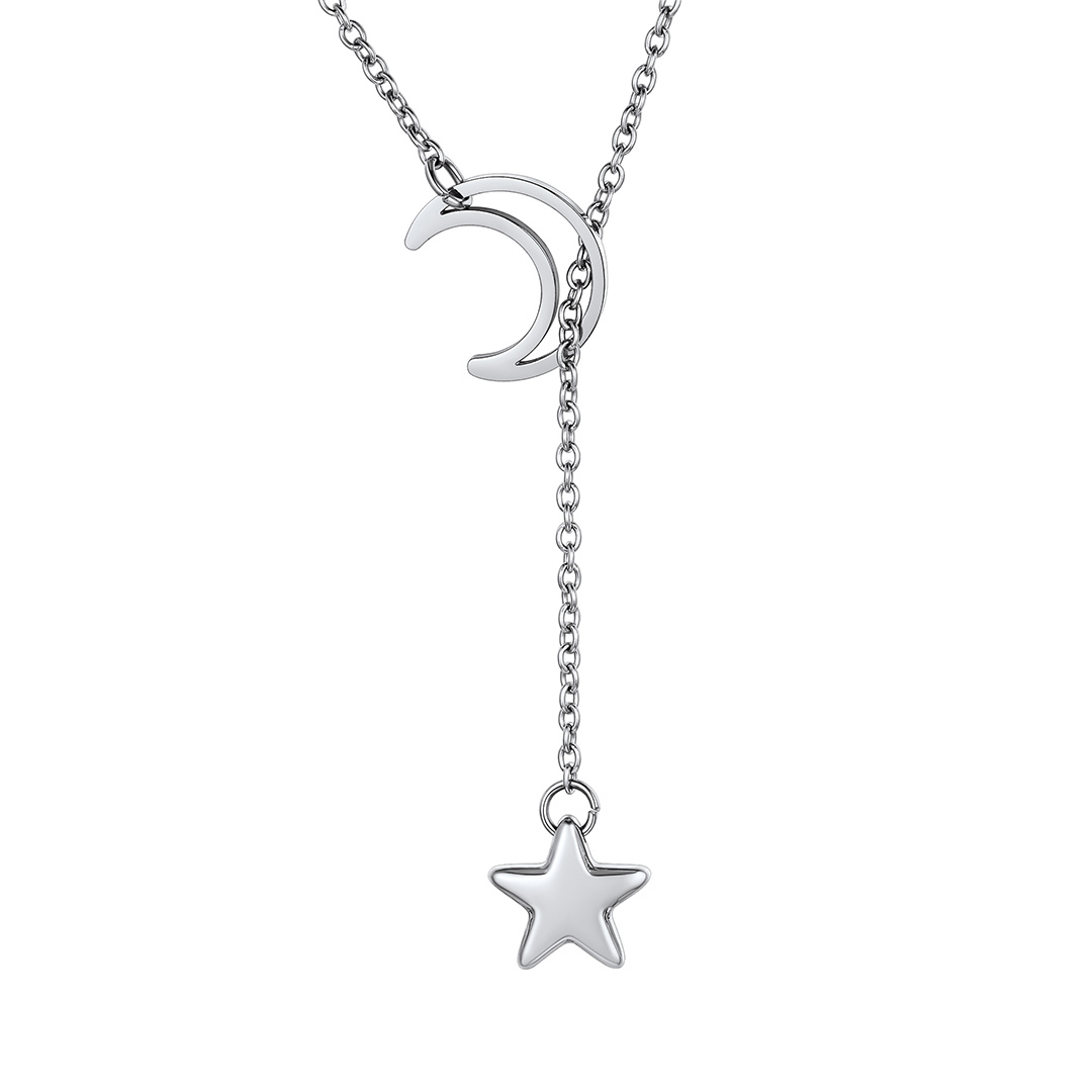 Crescent Moon Star Minimal Lariat Y Necklace