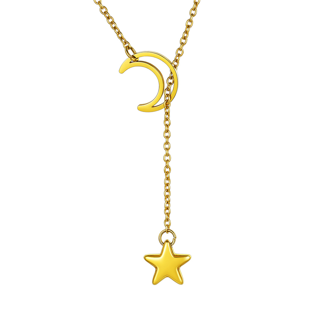 Crescent Moon Star Minimal Lariat Y Necklace