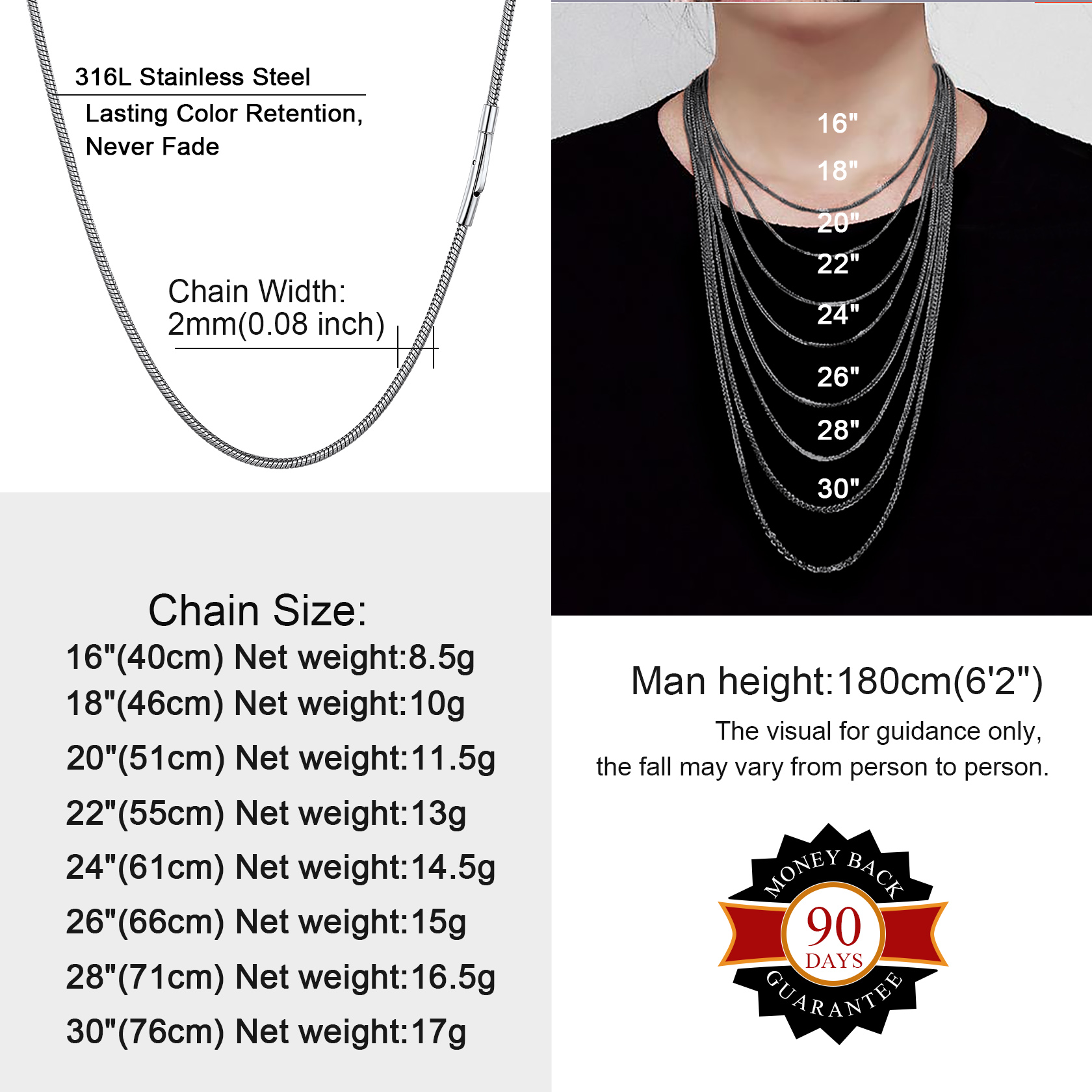 2mm Stainless Steel Snake Chain Necklace For Women