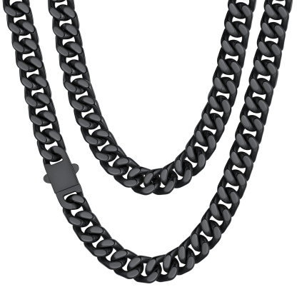 12mm Black Miami Cuban Chain for Men - Heavy Duty Stainless Steel Link