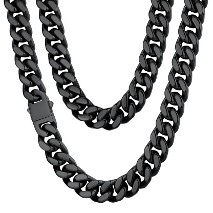 14mm Black  Miami Cuban Chain for Men - Heavy Duty Stainless Steel Link