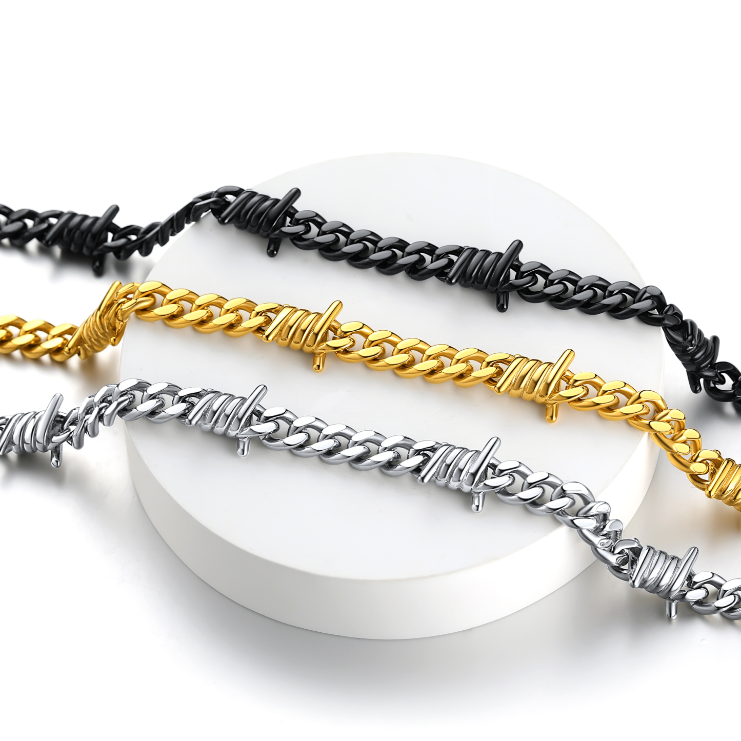 Barbed Wire Cuban Chain Necklace for Men Gold Steel Black