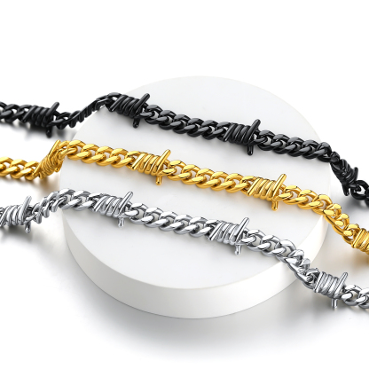 Barbed Wire Cuban Chain Necklace for Men Gold Steel Black