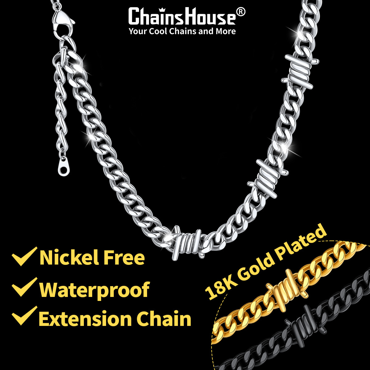 9mm Barbed Wire Cuban Link Chain Stainless Steel Necklace