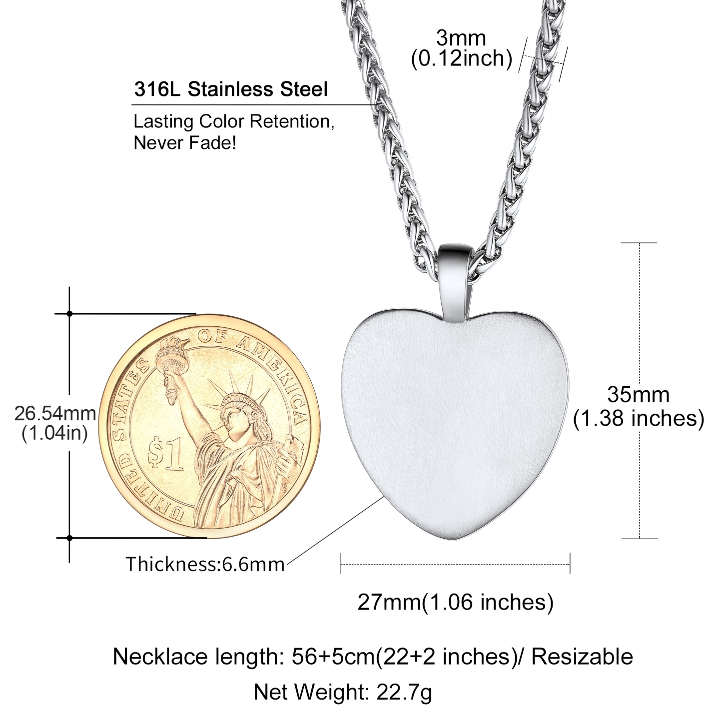Custom Photo Heart-Shape Pendant Necklace for Men Women