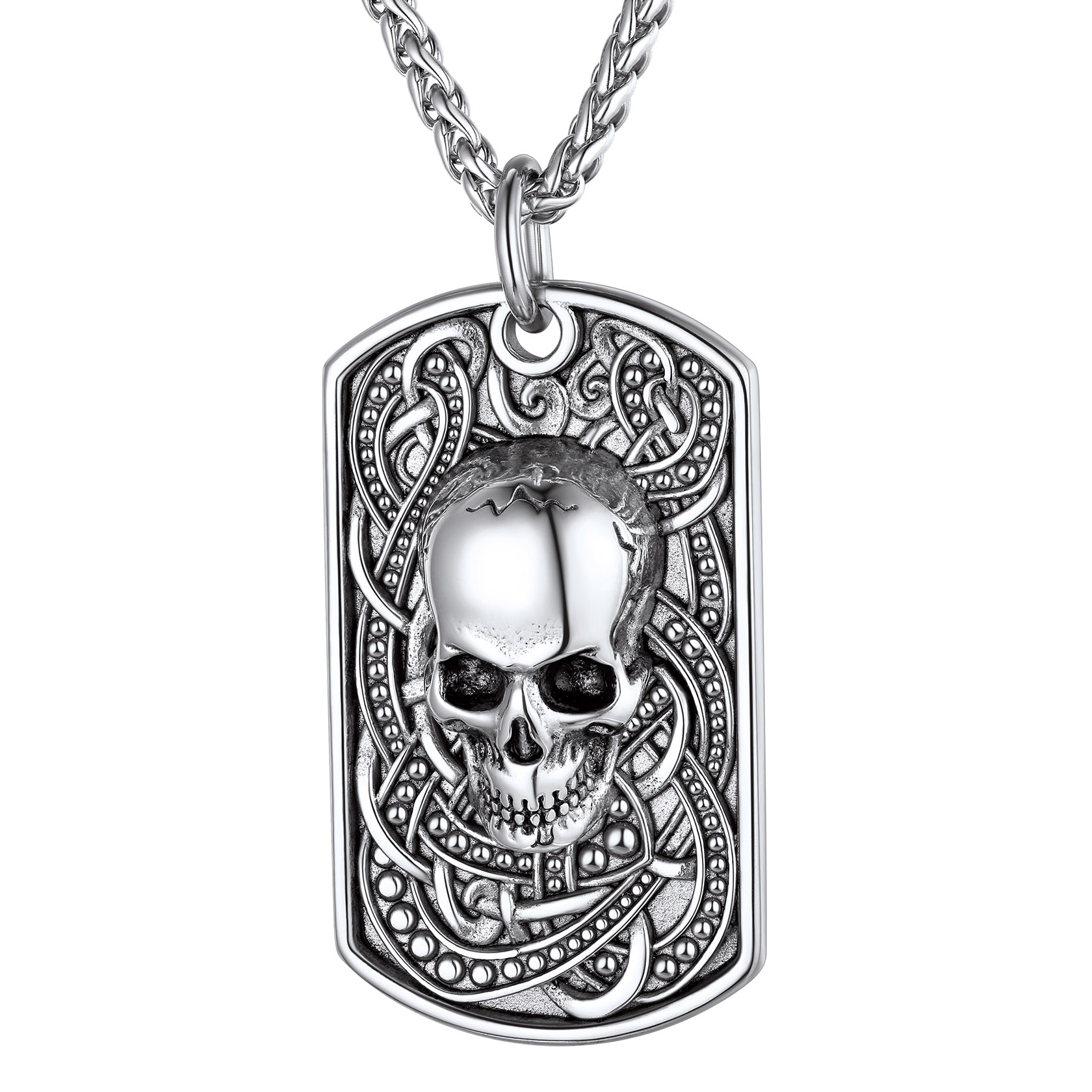 Silver Skull Dog Tag Necklace for Men - Stainless Steel Gothic Punk Pendant
