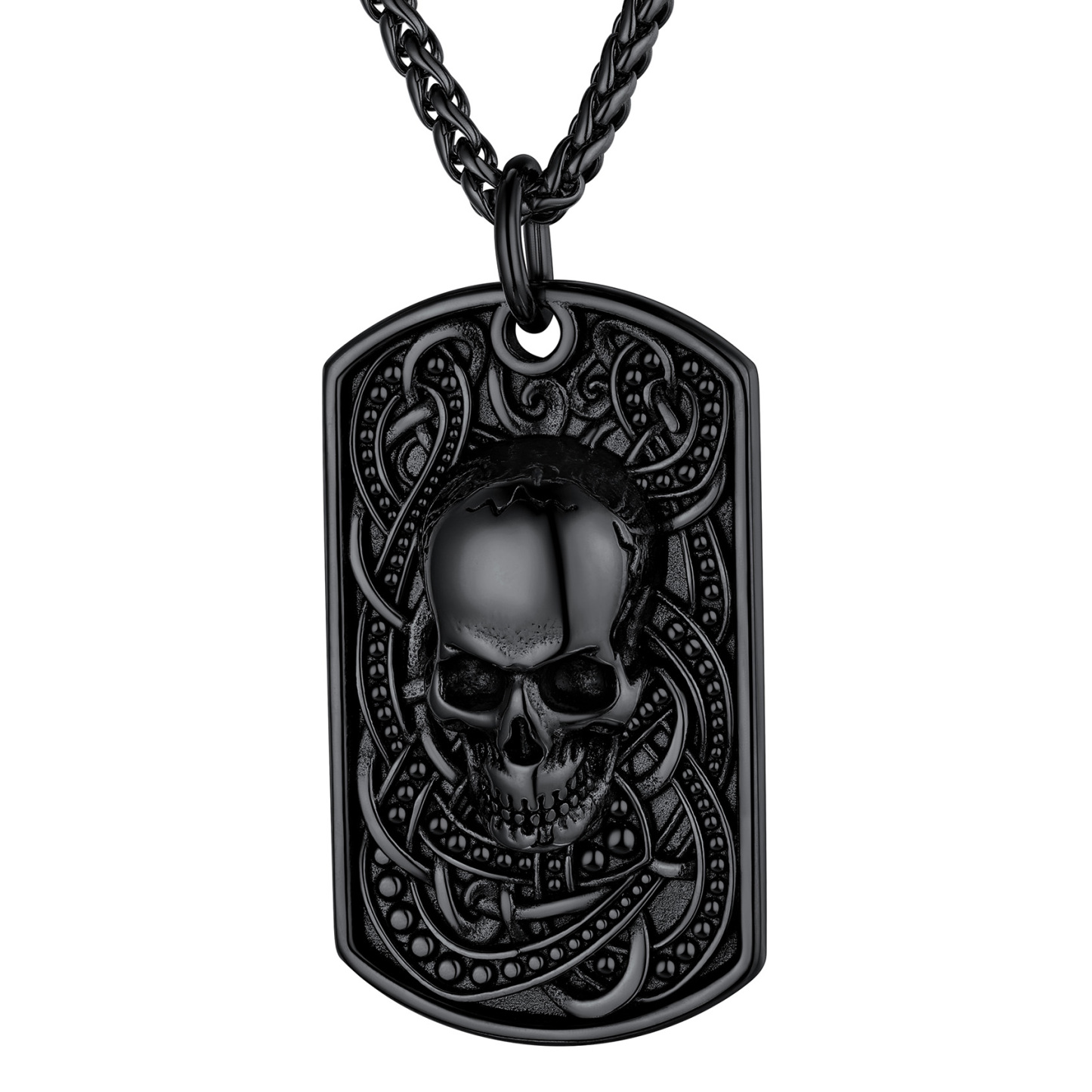 Black Skull Dog Tag Necklace for Men - Stainless Steel Gothic Punk Pendant