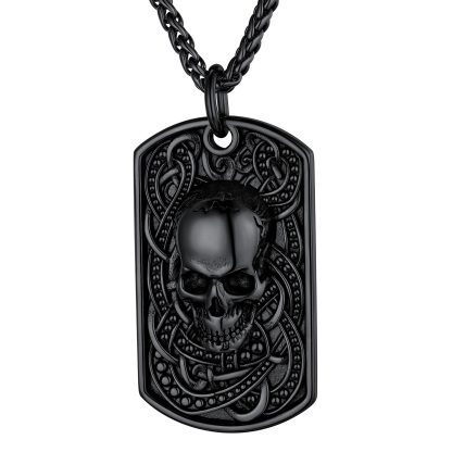 Black Skull Dog Tag Necklace for Men - Stainless Steel Gothic Punk Pendant