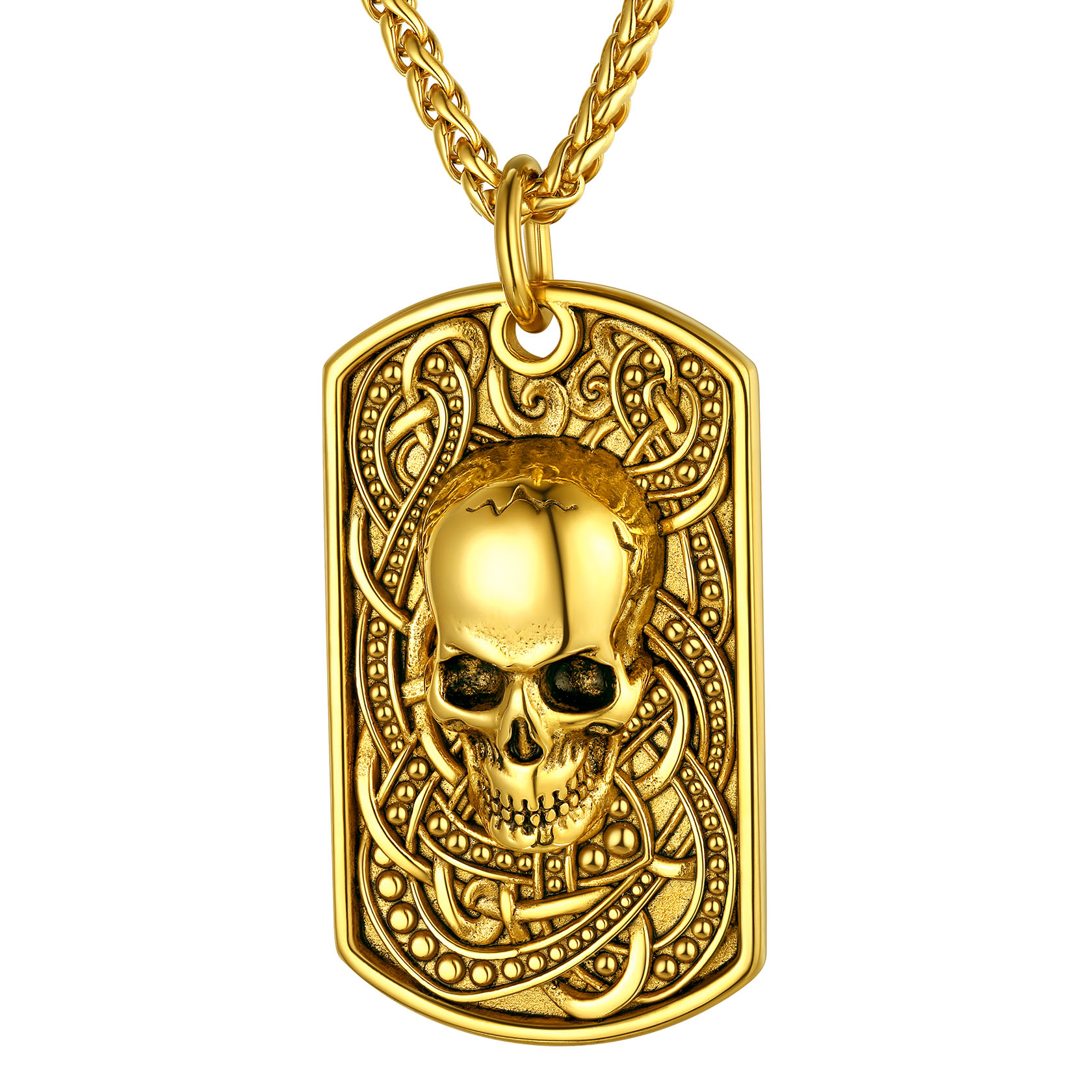 Stainless Steel Skull Dog Tag Necklace Gothic Gold Punk