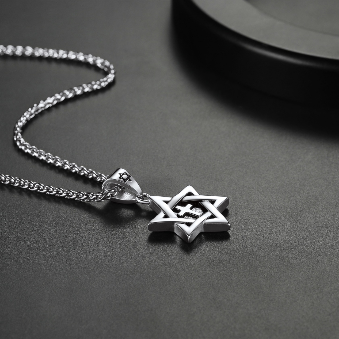 Star of David with Cross Pendant Necklace, Stainless Steel-02