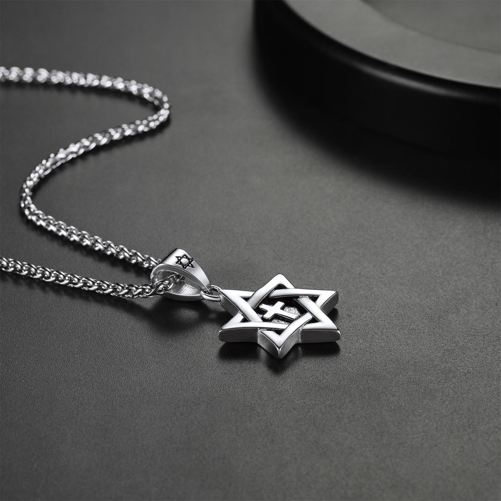 Star of David with Cross Pendant Necklace, Stainless Steel-02