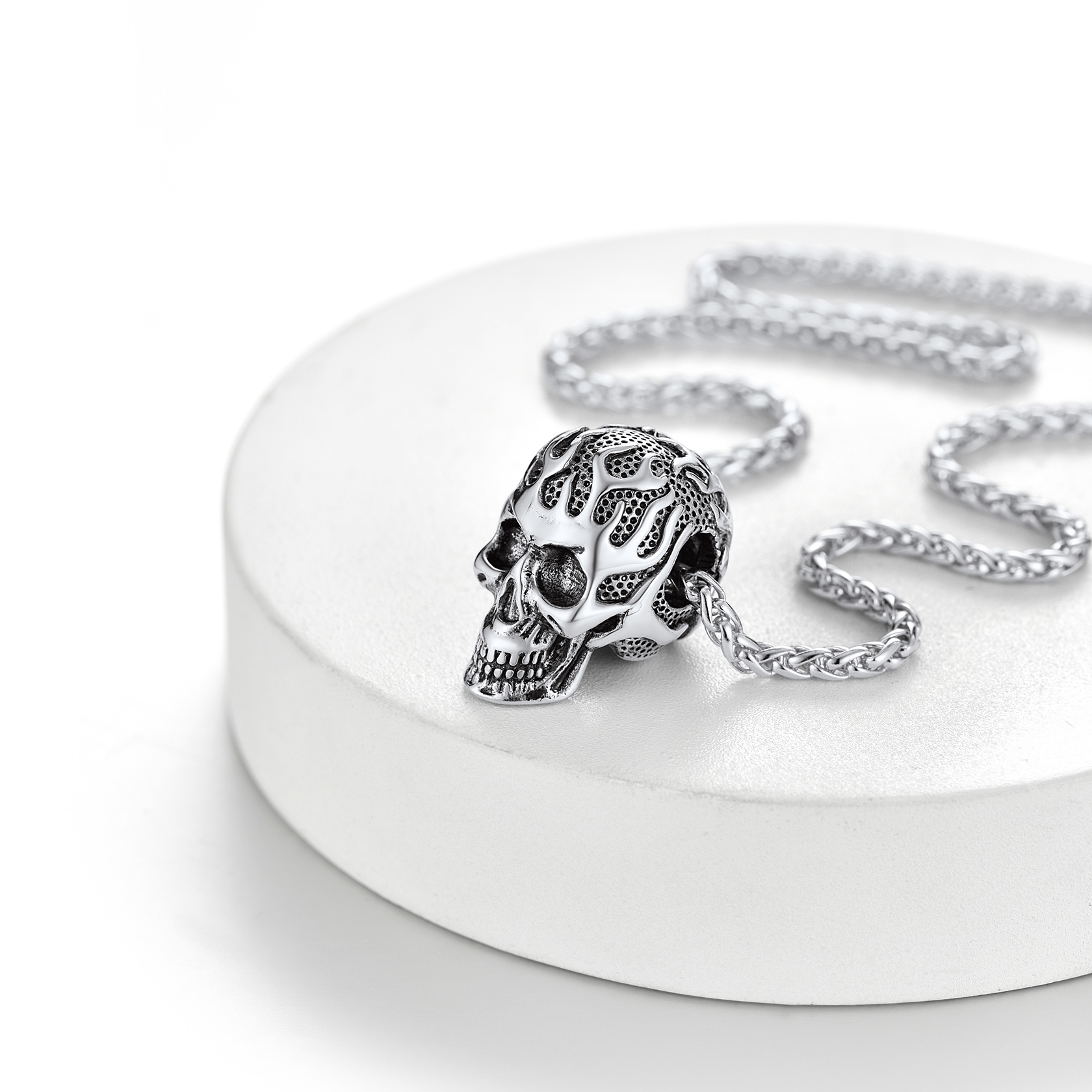 Flame Skull Pendant Necklace with Wheat Chain