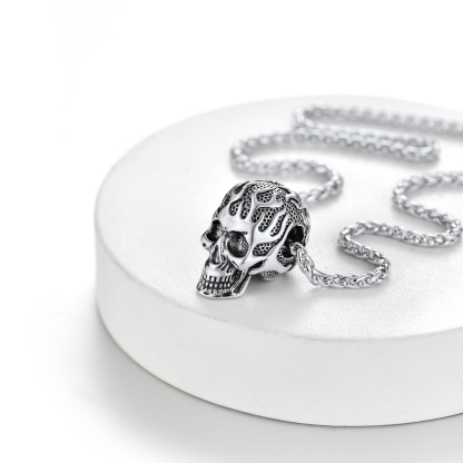 Flame Skull Pendant Necklace with Wheat Chain