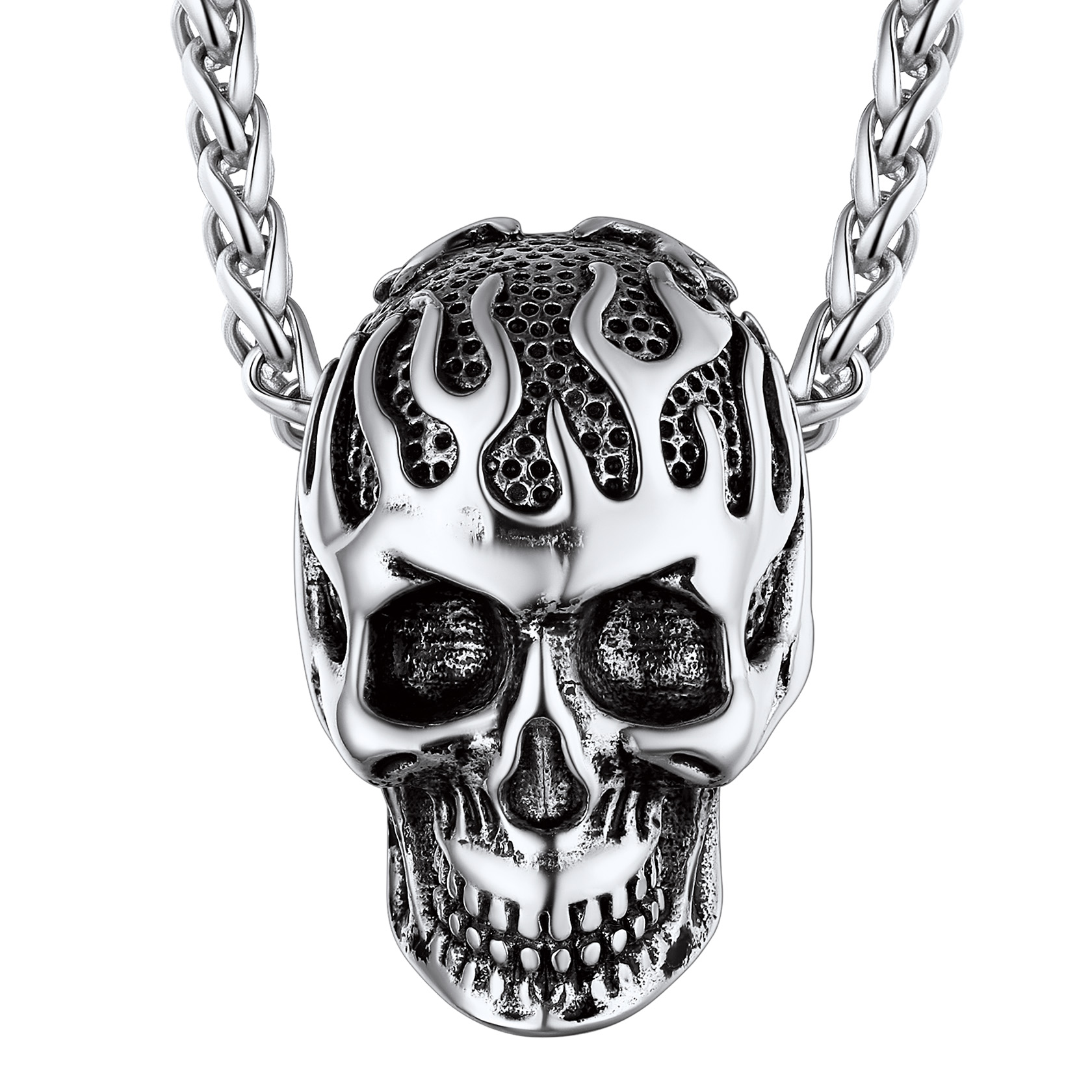 Flame Skull Pendant Necklace with Wheat Chain
