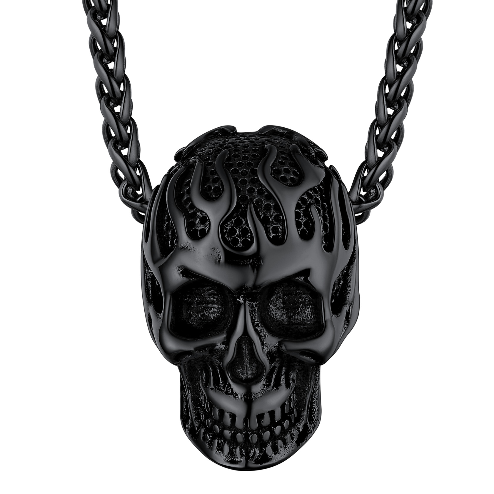 Flame Skull Pendant Necklace with Wheat Chain