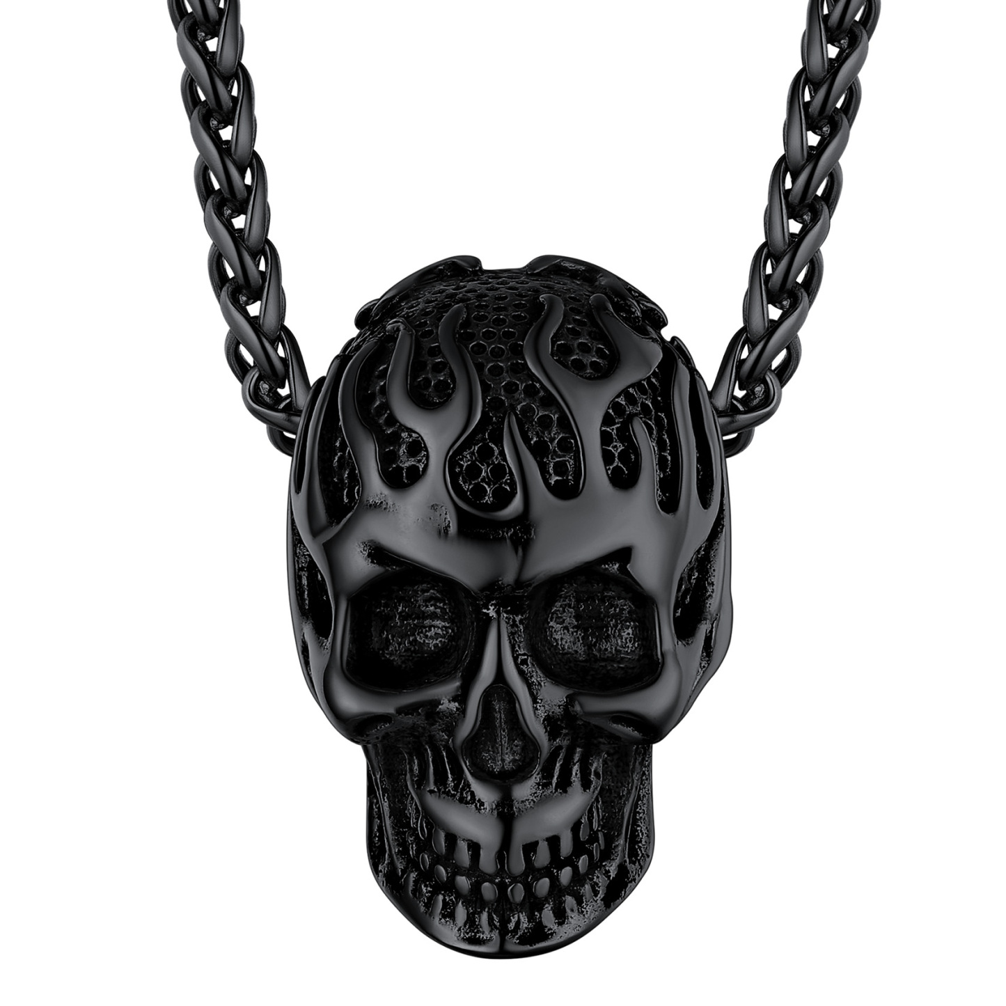 Flame Skull Pendant Necklace with Wheat Chain