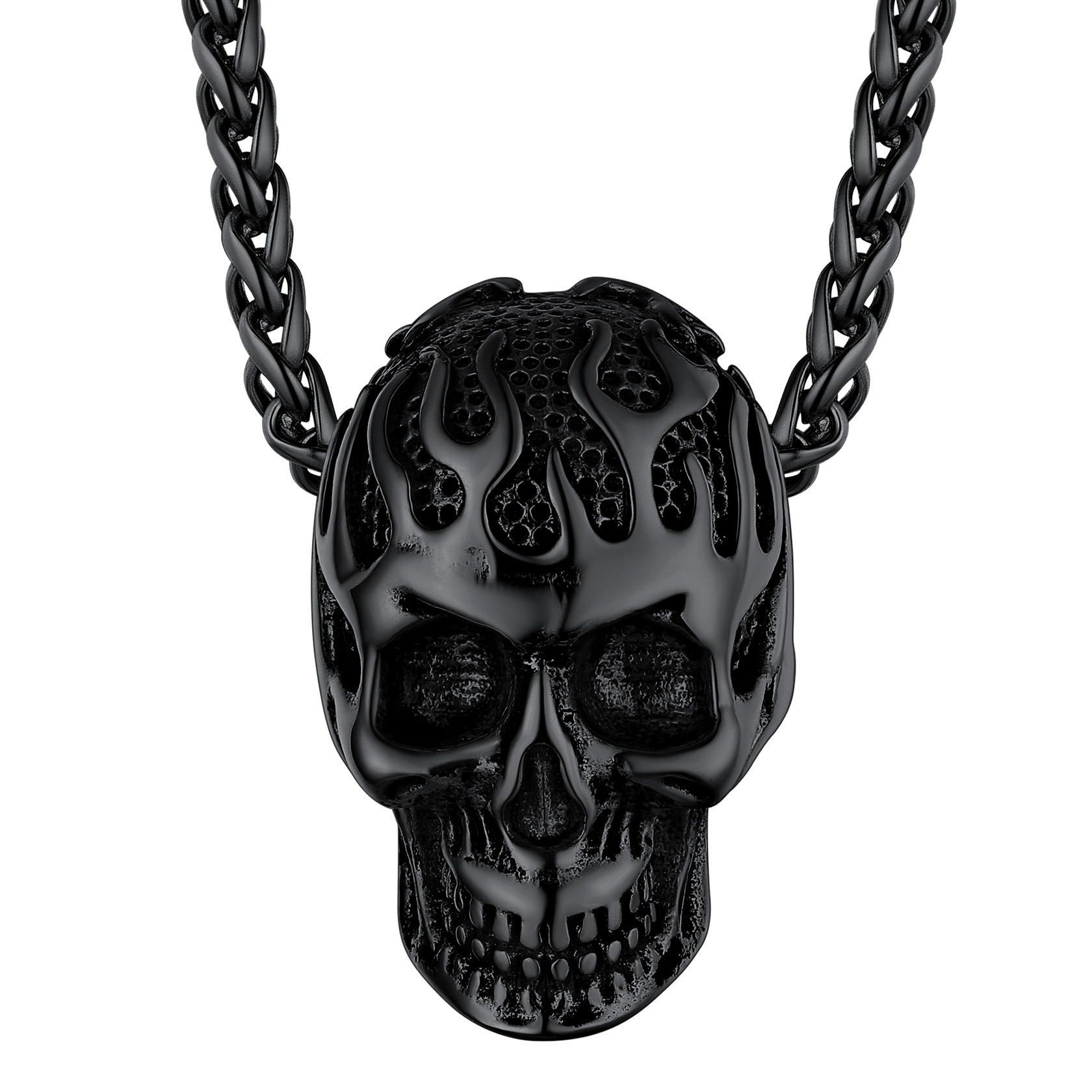 Flame Skull Pendant Necklace with Wheat Chain