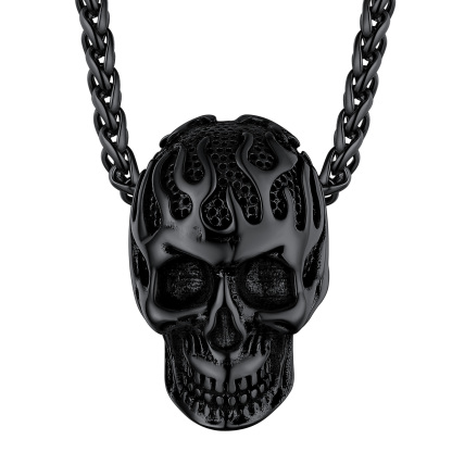 Flame Skull Pendant Necklace with Wheat Chain