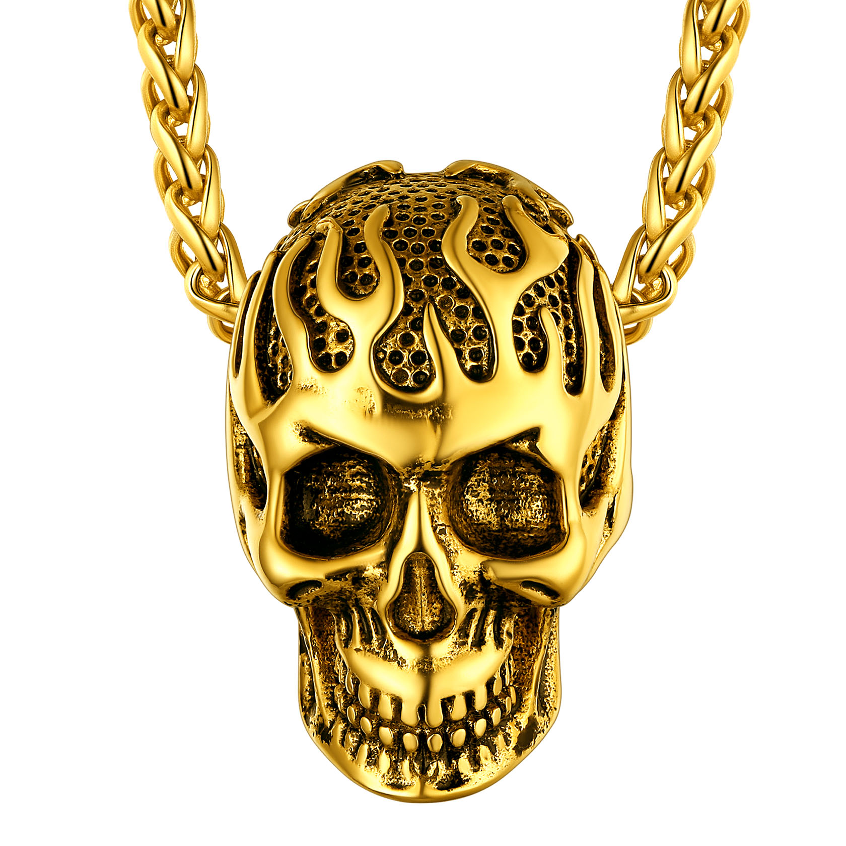 Flame Skull Pendant Necklace with Wheat Chain