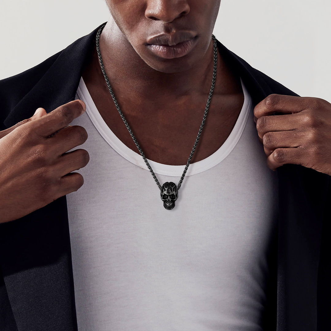 Flame Skull Pendant Necklace with Wheat Chain