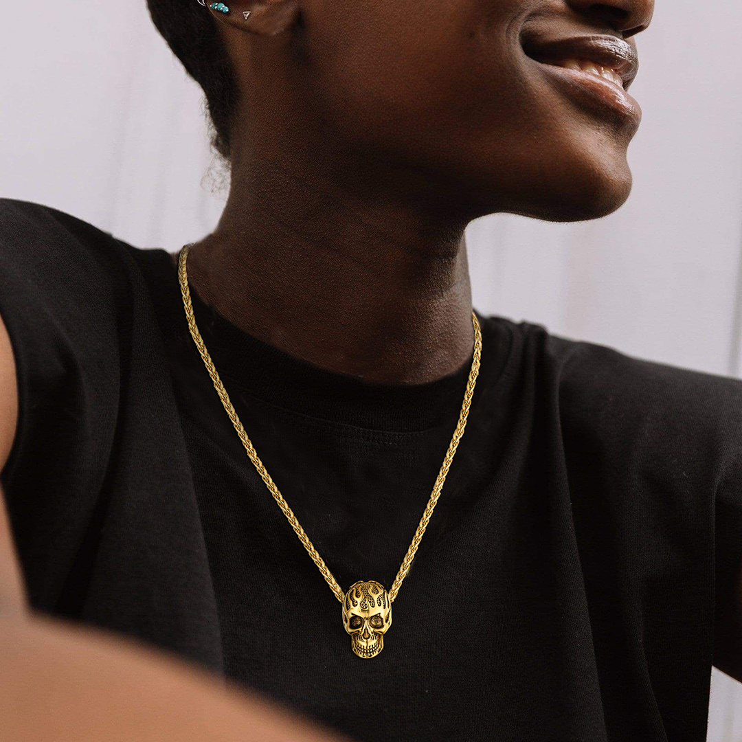 Flame Skull Pendant Necklace with Wheat Chain