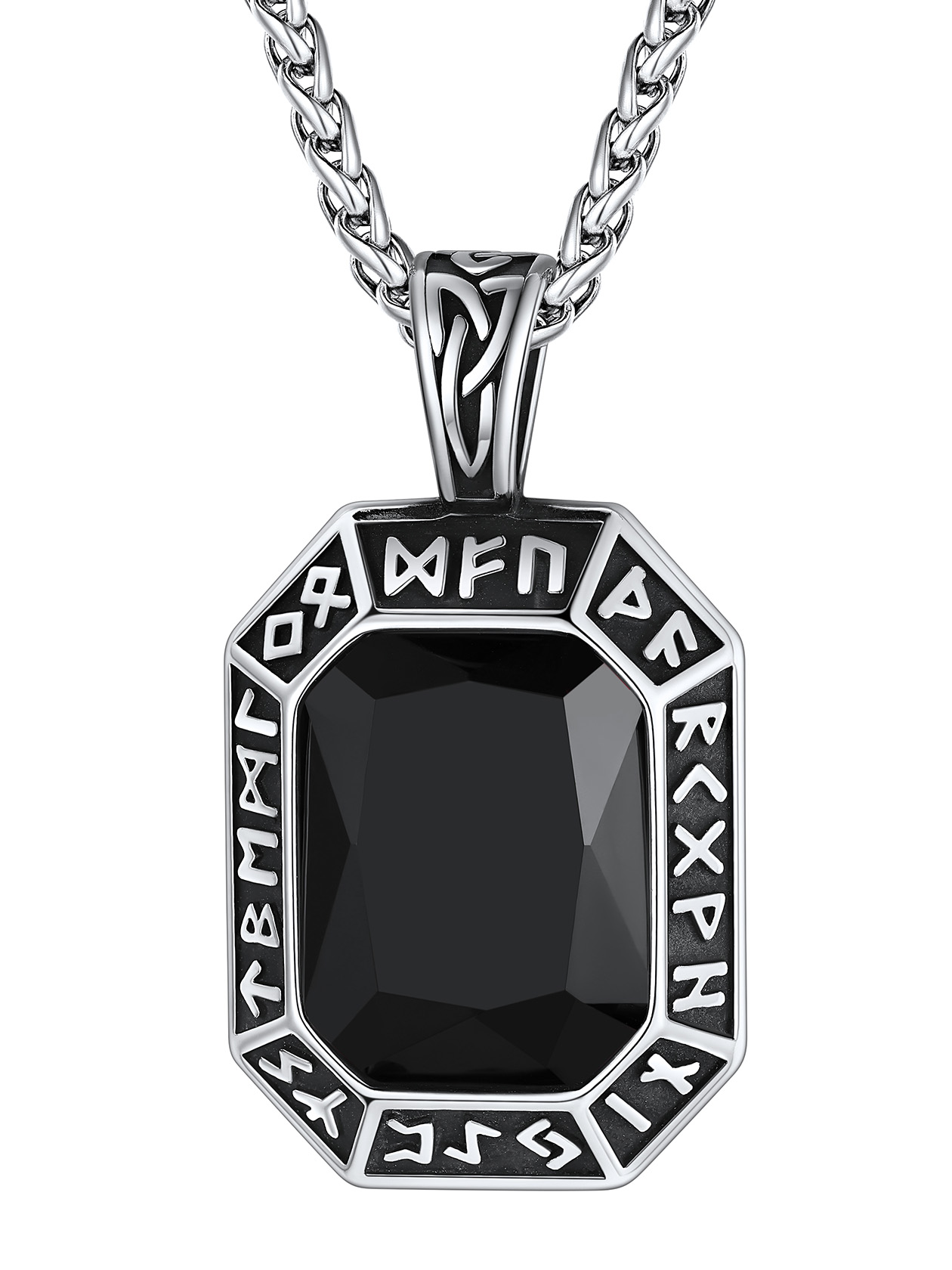 Viking Rune Necklace - Black Stainless Steel with Onyx