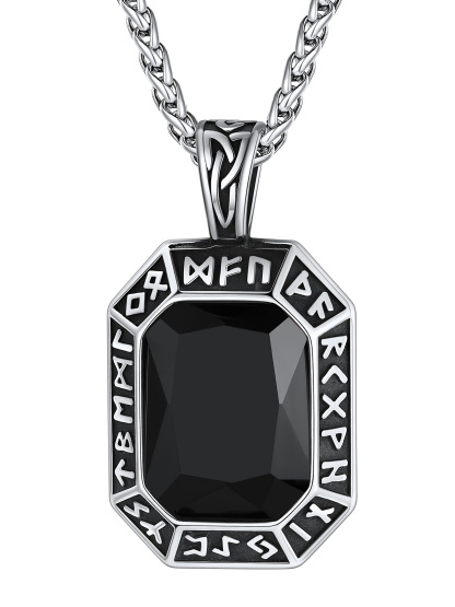 Viking Rune Necklace - Black Stainless Steel with Onyx