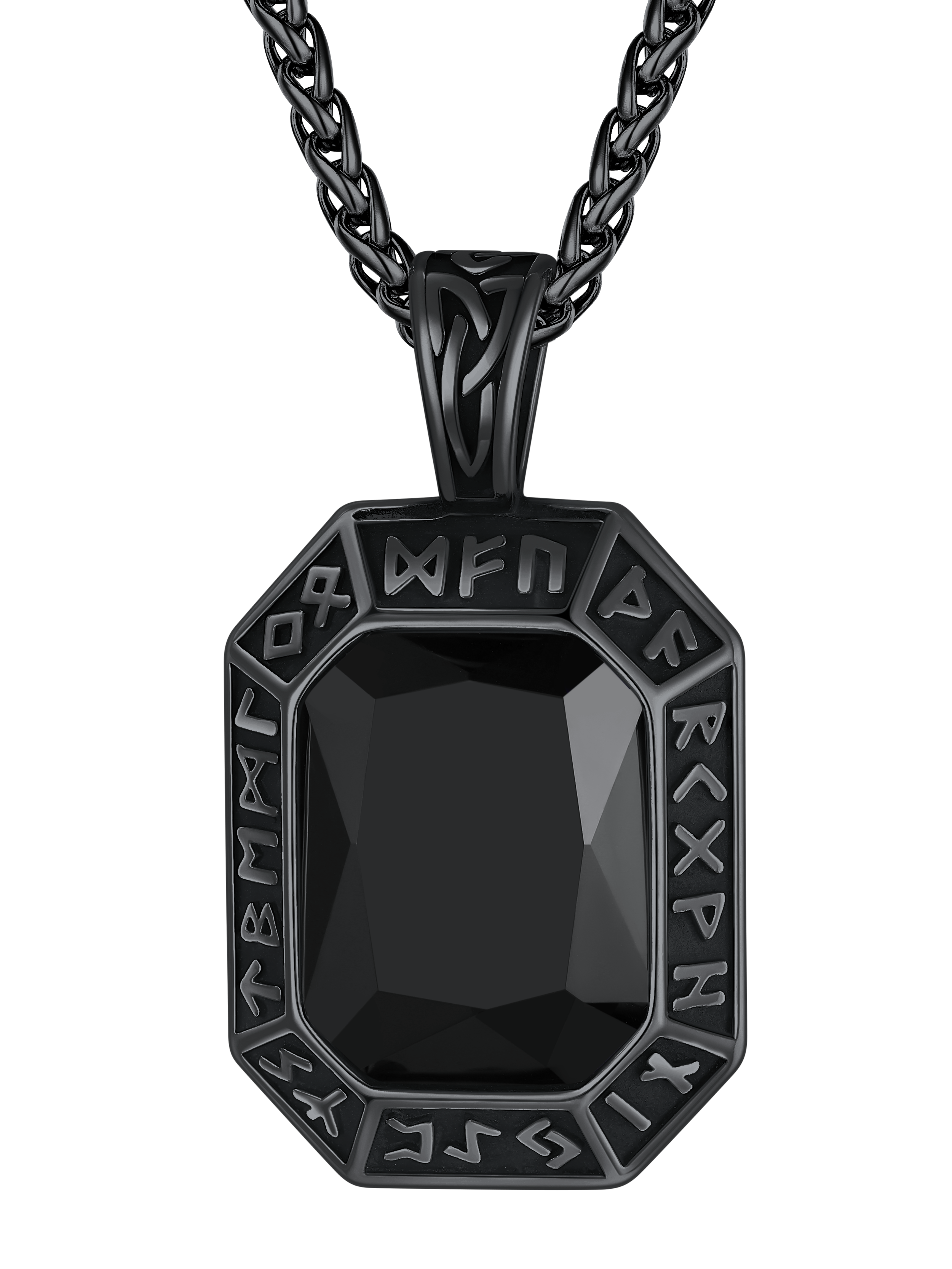 Viking Rune Necklace - Black Stainless Steel with Onyx