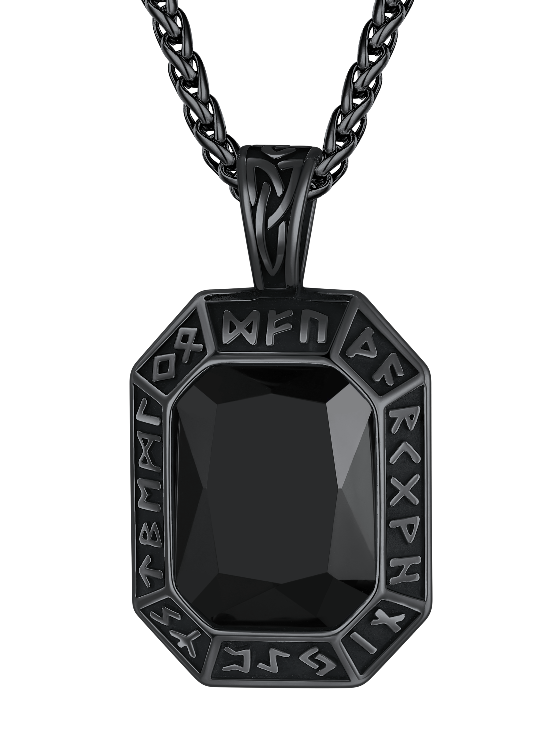 Viking Rune Necklace - Black Stainless Steel with Onyx