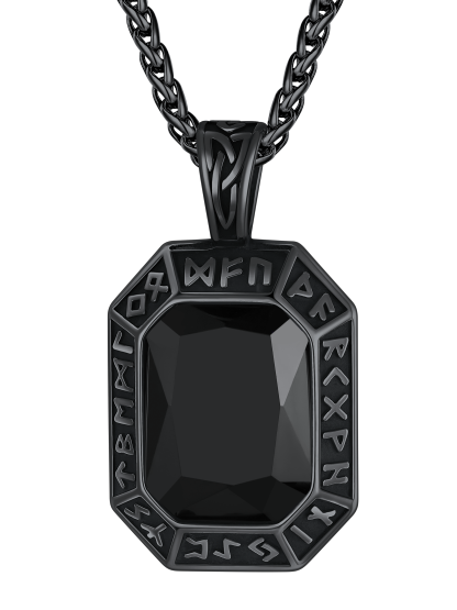 Viking Rune Necklace - Black Stainless Steel with Onyx