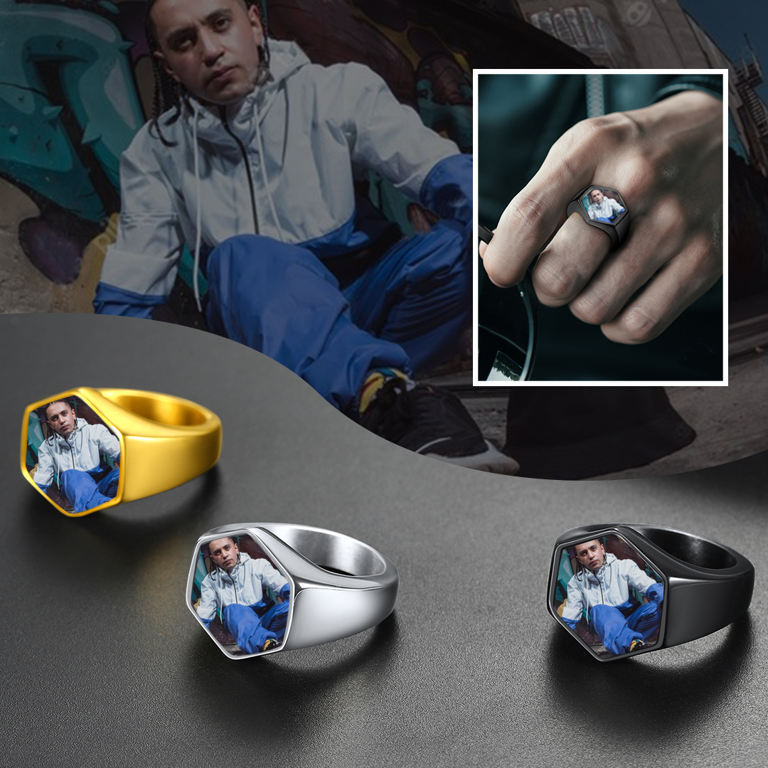 Hexagon Personalized Photo Signet Rings for Men