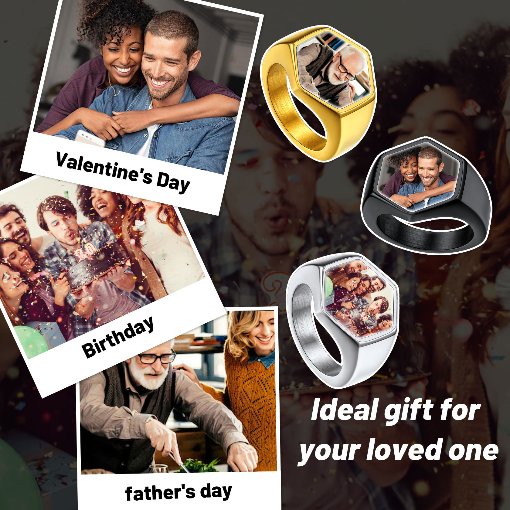 Hexagon Personalized Photo Signet Rings for Men