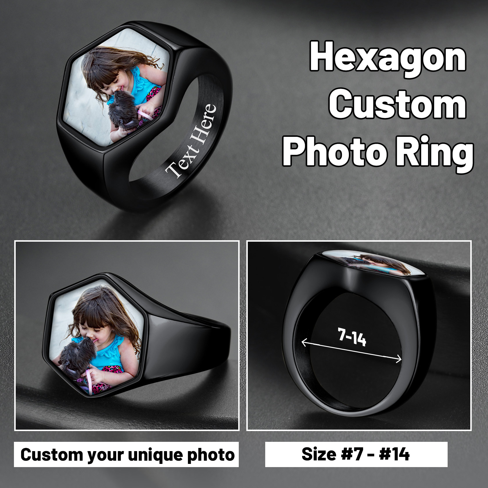 Hexagon Personalized Photo Signet Rings for Men