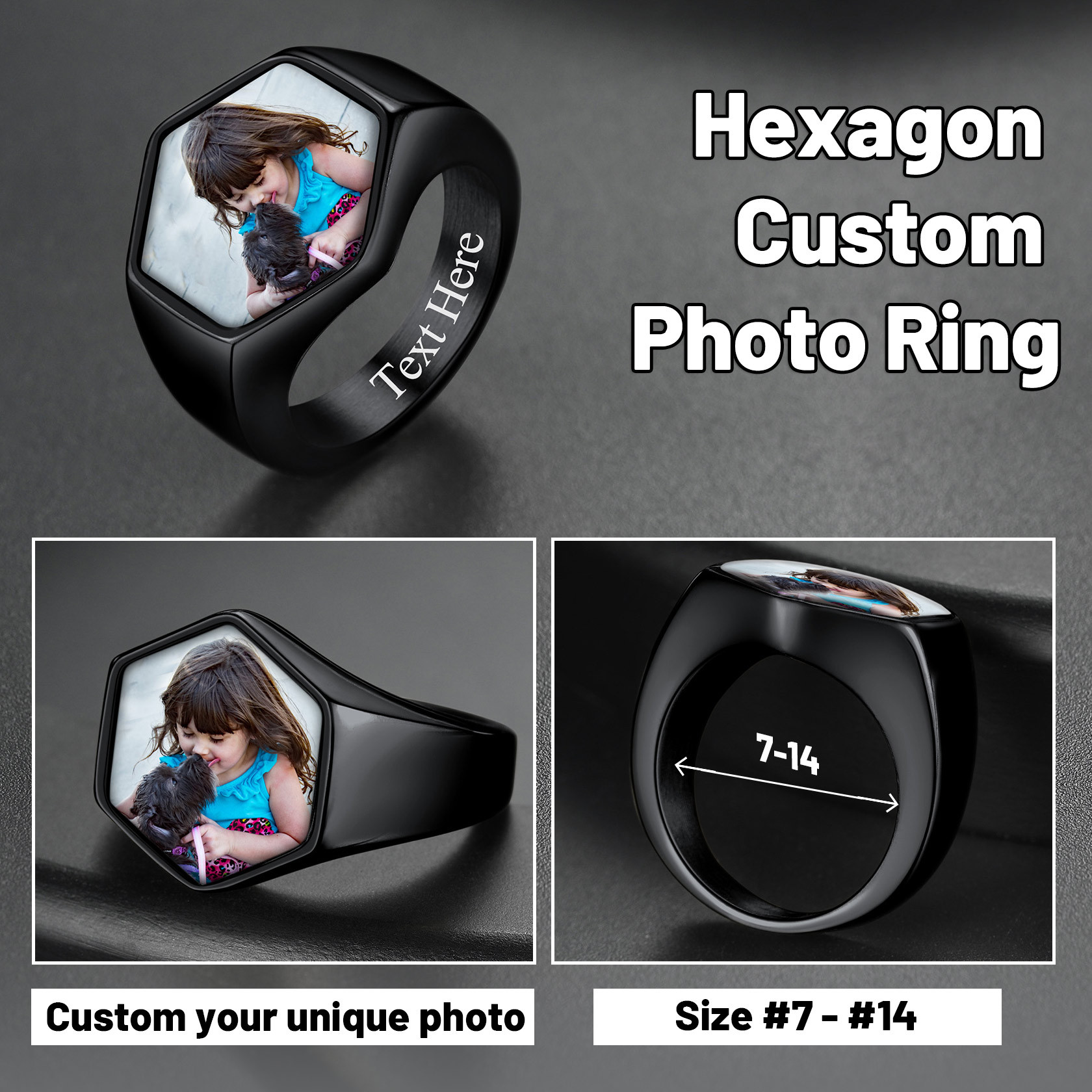 Hexagon Personalized Photo Signet Rings for Men