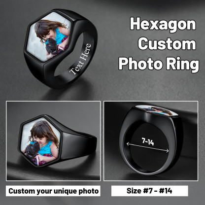 Hexagon Personalized Photo Signet Rings for Men