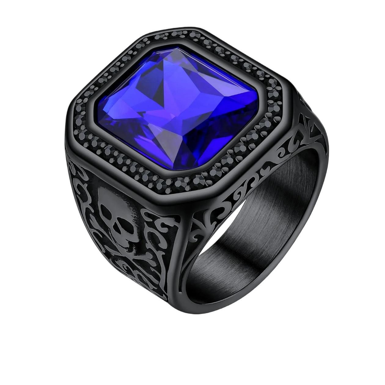 Onyx Blue Stone Skull Ring