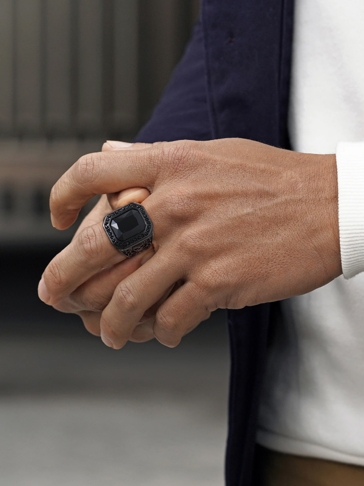 Stainless Steel Black Onyx Skull Ring For Men