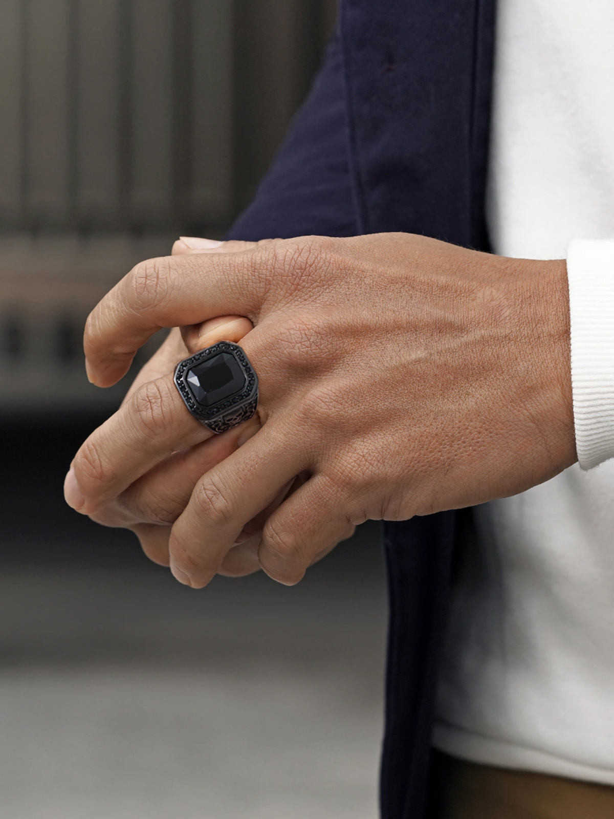 Stainless Steel Black Onyx Skull Ring For Men