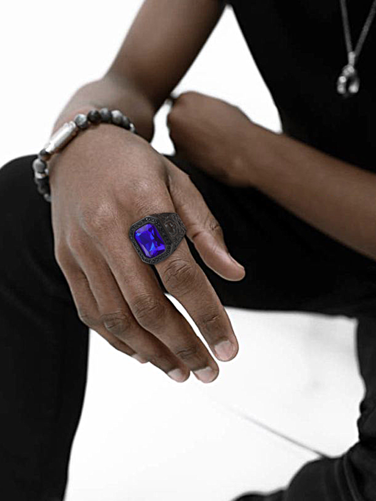 Stainless Steel Black Onyx Skull Ring For Men