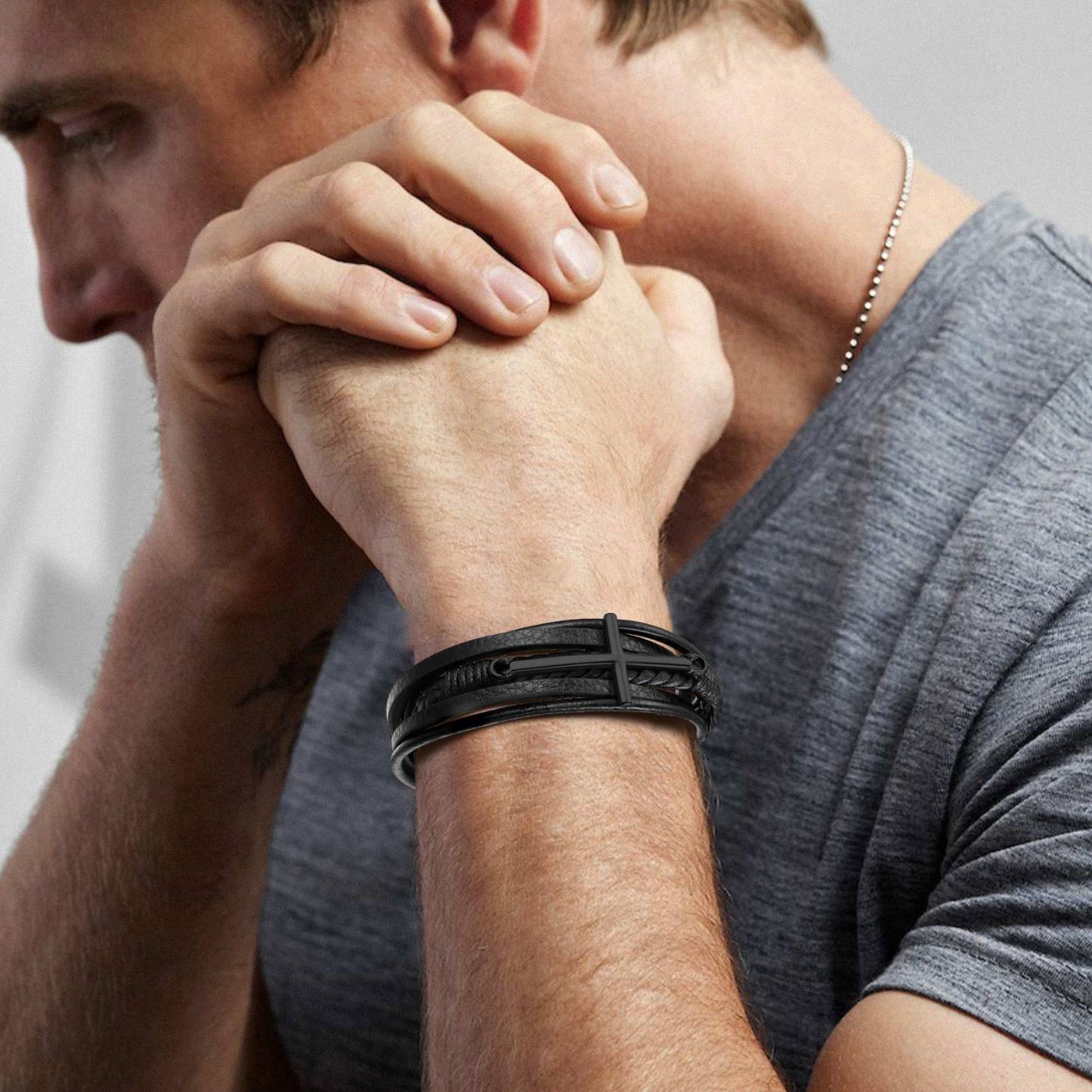 Cross Multi Layered Leather Cord Bracelet