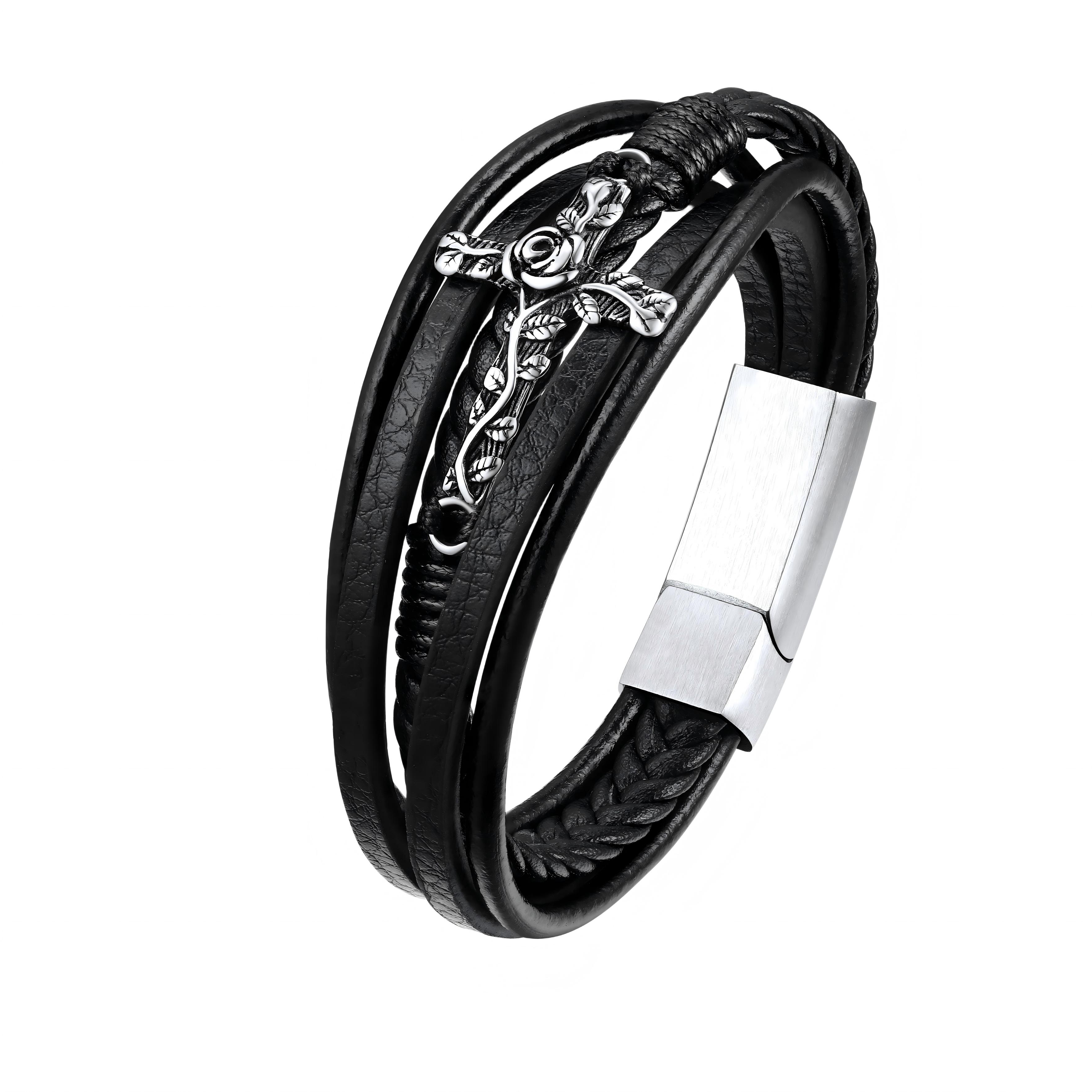 Rose Cross Multi Layered Leather Cord Bracelet